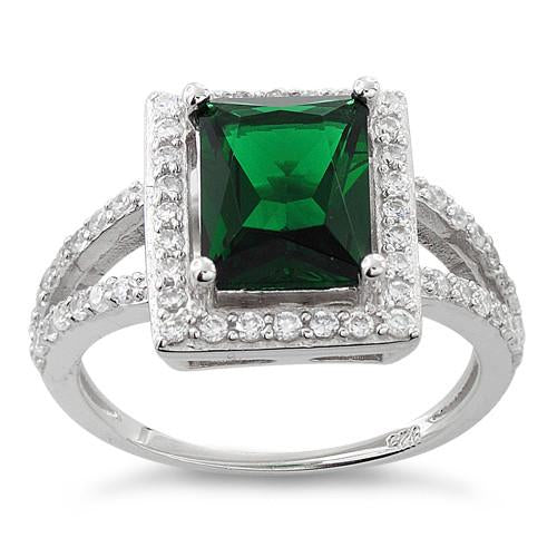 Sterling Silver Emerald Rectangular Halo CZ Ring