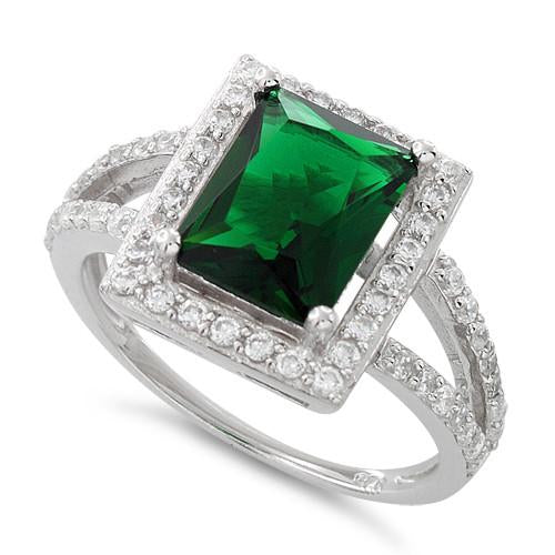 Sterling Silver Emerald Rectangular Halo CZ Ring
