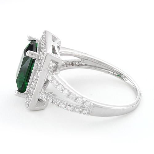 Sterling Silver Emerald Rectangular Halo CZ Ring