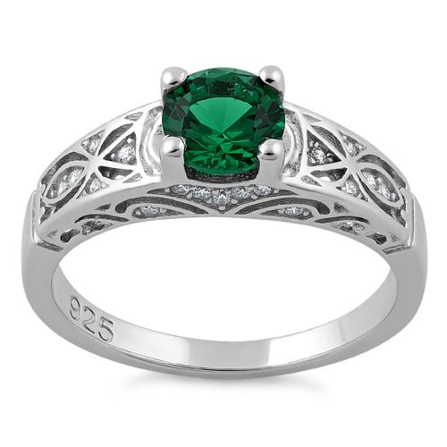 Sterling Silver Emerald Round Cut Engagement CZ Ring
