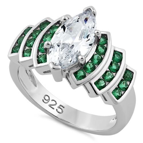 Sterling Silver Emerald Spinel Marquise Clear CZ Ring