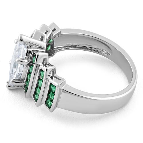 Sterling Silver Emerald Spinel Marquise Clear CZ Ring