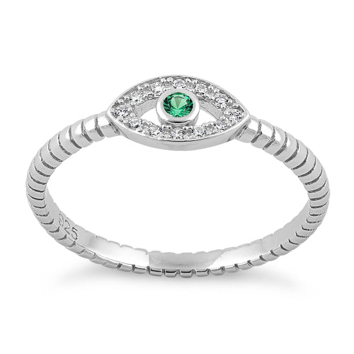Sterling Silver Emerald Stone Evil Eye CZ Ring