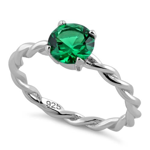 Sterling Silver Emerald Twisted Band CZ Ring