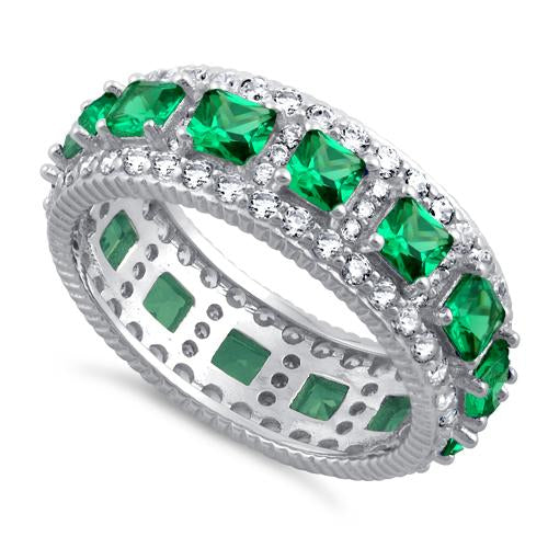 Sterling Silver Eternity Princess Cut Emerald CZ Ring