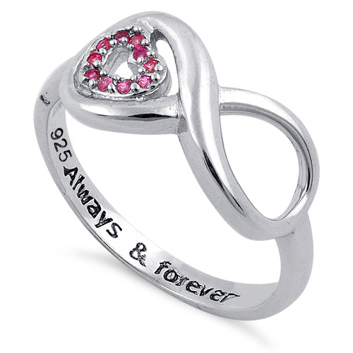 Sterling Silver Infinity Ruby Heart "Always & Forever" Engraved CZ Ring