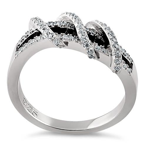 Sterling Silver Exotic Twisted Black & Clear CZ Ring