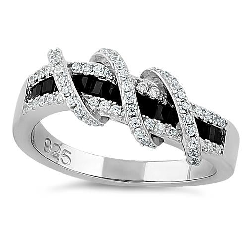 Sterling Silver Exotic Twisted Black & Clear CZ Ring