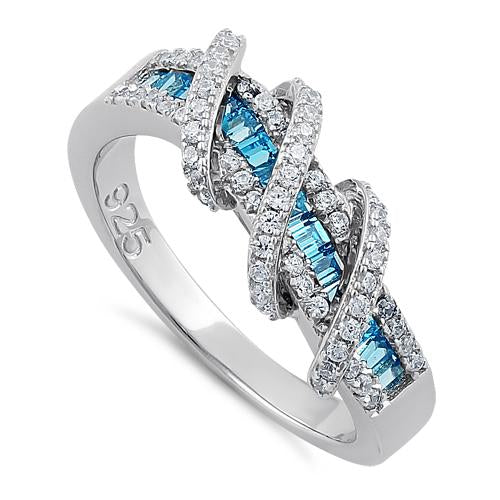 Sterling Silver Exotic Twisted Blue Topaz & Clear CZ Ring