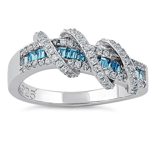 Sterling Silver Exotic Twisted Blue Topaz & Clear CZ Ring
