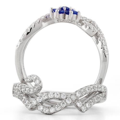 Sterling Silver Fancy Blue Sapphire Flower Removable CZ Ring