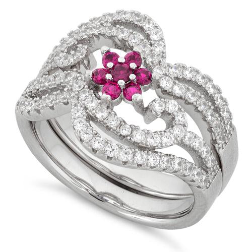 Sterling Silver Fancy Ruby Flower CZ Set Ring