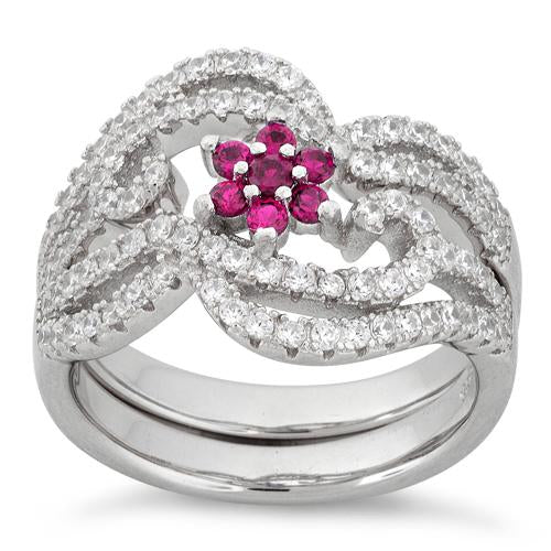 Sterling Silver Fancy Ruby Flower CZ Set Ring