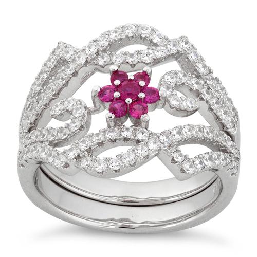Sterling Silver Fancy Ruby Flower Removable CZ Ring