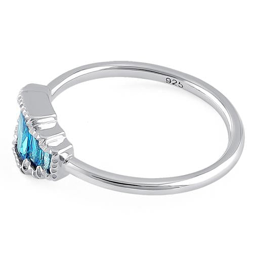 Sterling Silver Five Radiant Cut Aqua Blue CZ Ring