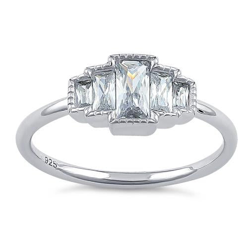 Sterling Silver Five Radiant Cut Clear CZ Ring