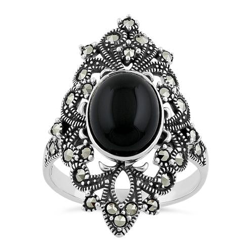 Sterling Silver Fleur de Lis Black Onyx Marcasite Ring