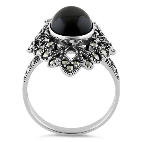 Sterling Silver Fleur de Lis Black Onyx Marcasite Ring