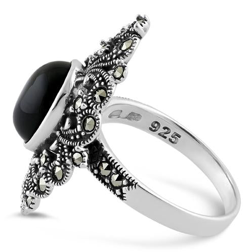 Sterling Silver Fleur de Lis Black Onyx Marcasite Ring