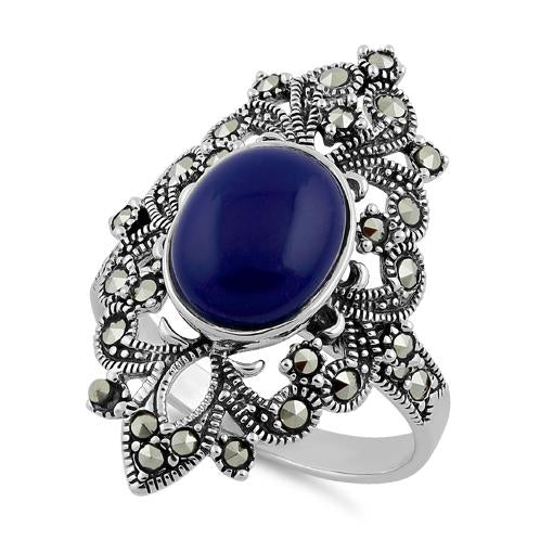 Sterling Silver Fleur de Lis Blue Lapis Marcasite Ring