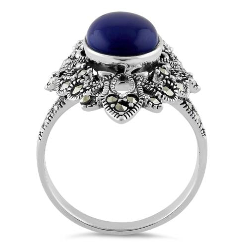 Sterling Silver Fleur de Lis Blue Lapis Marcasite Ring