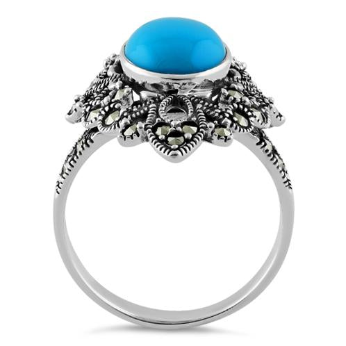 Sterling Silver Fleur de Lis Simulated Turquoise Marcasite Ring