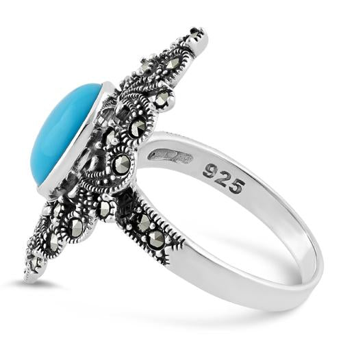Sterling Silver Fleur de Lis Simulated Turquoise Marcasite Ring