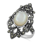 Sterling Silver Fleur de Lis Mother of Pearl Marcasite Ring