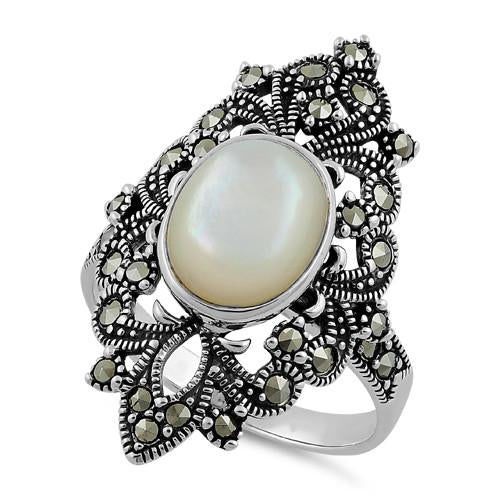 Sterling Silver Fleur de Lis Mother of Pearl Marcasite Ring