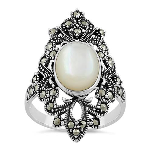 Sterling Silver Fleur de Lis Mother of Pearl Marcasite Ring