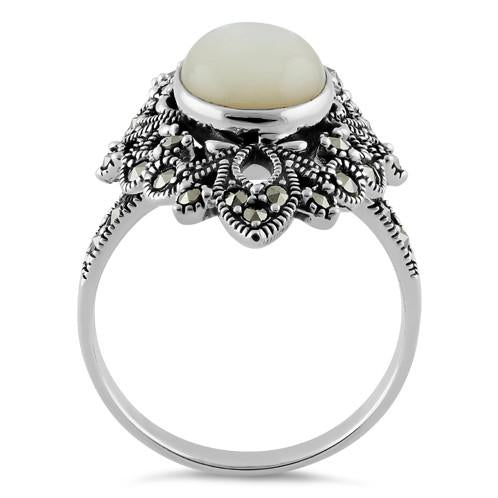 Sterling Silver Fleur de Lis Mother of Pearl Marcasite Ring