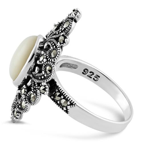 Sterling Silver Fleur de Lis Mother of Pearl Marcasite Ring