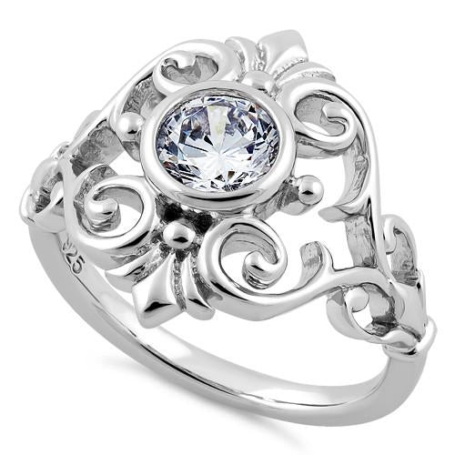 Sterling Silver Fleur-de-lis Vines Clear CZ Ring