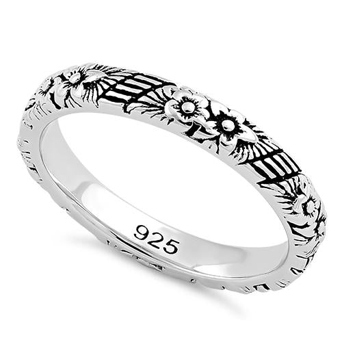 Sterling Silver Floral 3mm Band Ring