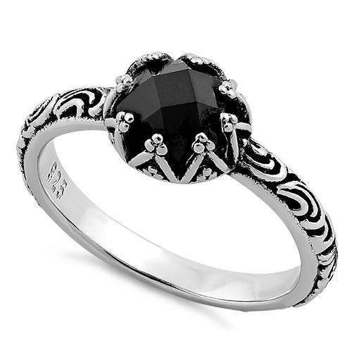 Sterling Silver Floral Black CZ Ring