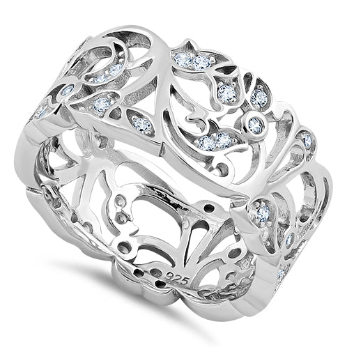 Sterling Silver Floral Ornaments Wave CZ Ring