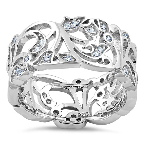 Sterling Silver Floral Ornaments Wave CZ Ring