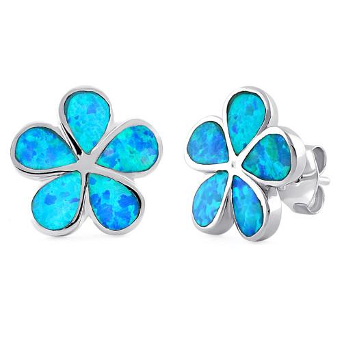 Sterling Silver Flower Blue Lab Opal Stud Earrings