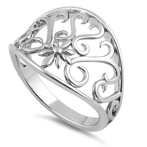 Sterling Silver Flower & Curly Vines Ring
