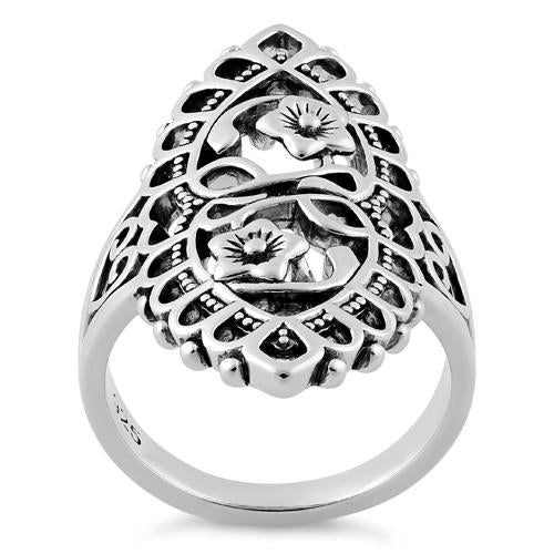Sterling Silver Flower Heart Marquise Ring
