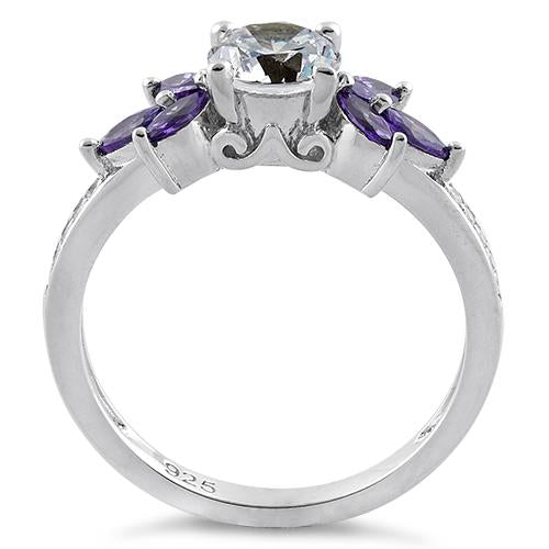 Sterling Silver Flower Leaves Amethyst Clear CZ Ring
