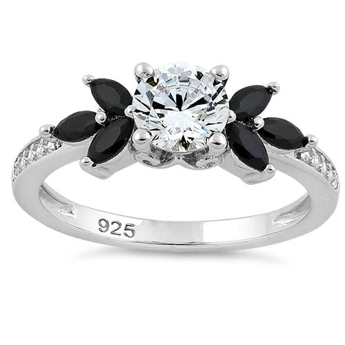 Sterling Silver Flower Leaves Black Clear CZ Ring