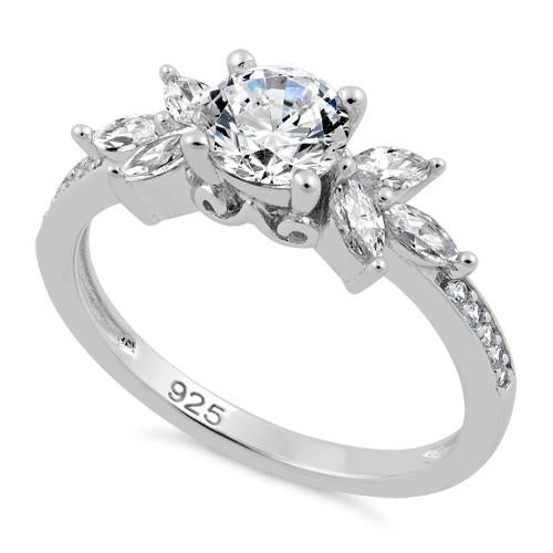 Sterling Silver Flower Leaves CZ Ring