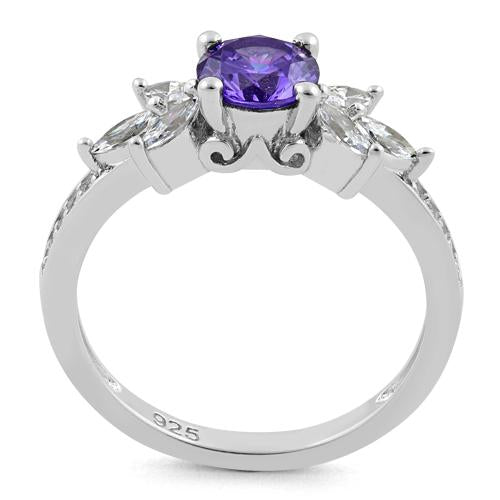 Sterling Silver Flower Leaves Dark Violet CZ Ring