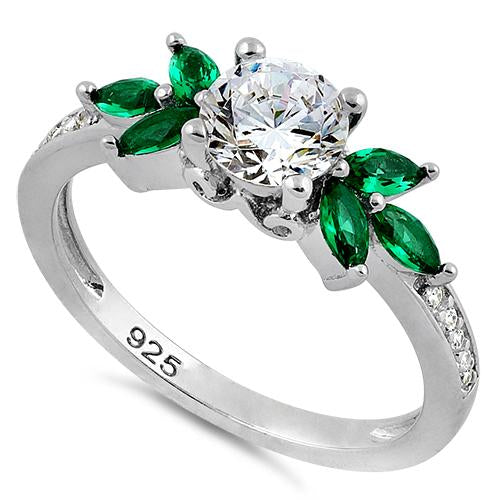 Sterling Silver Flower Leaves Emerald Clear CZ Ring