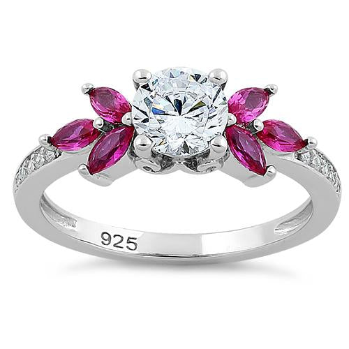 Sterling Silver Flower Leaves Ruby Clear CZ Ring