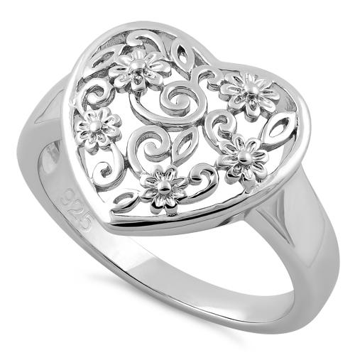 Sterling Silver Flower Vine Heart Ring