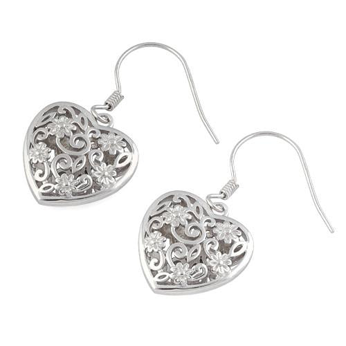 Sterling Silver Flowered Heart Hook Earrings