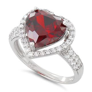 Sterling Silver Garnet Heart Halo CZ Ring