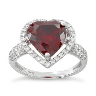 Sterling Silver Garnet Heart Halo CZ Ring